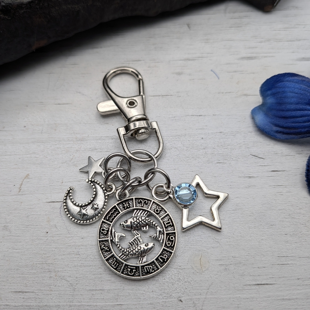 Zodiac Pisces Keychain with Blue Crystal Star / Bag Charm / Moon And Stars